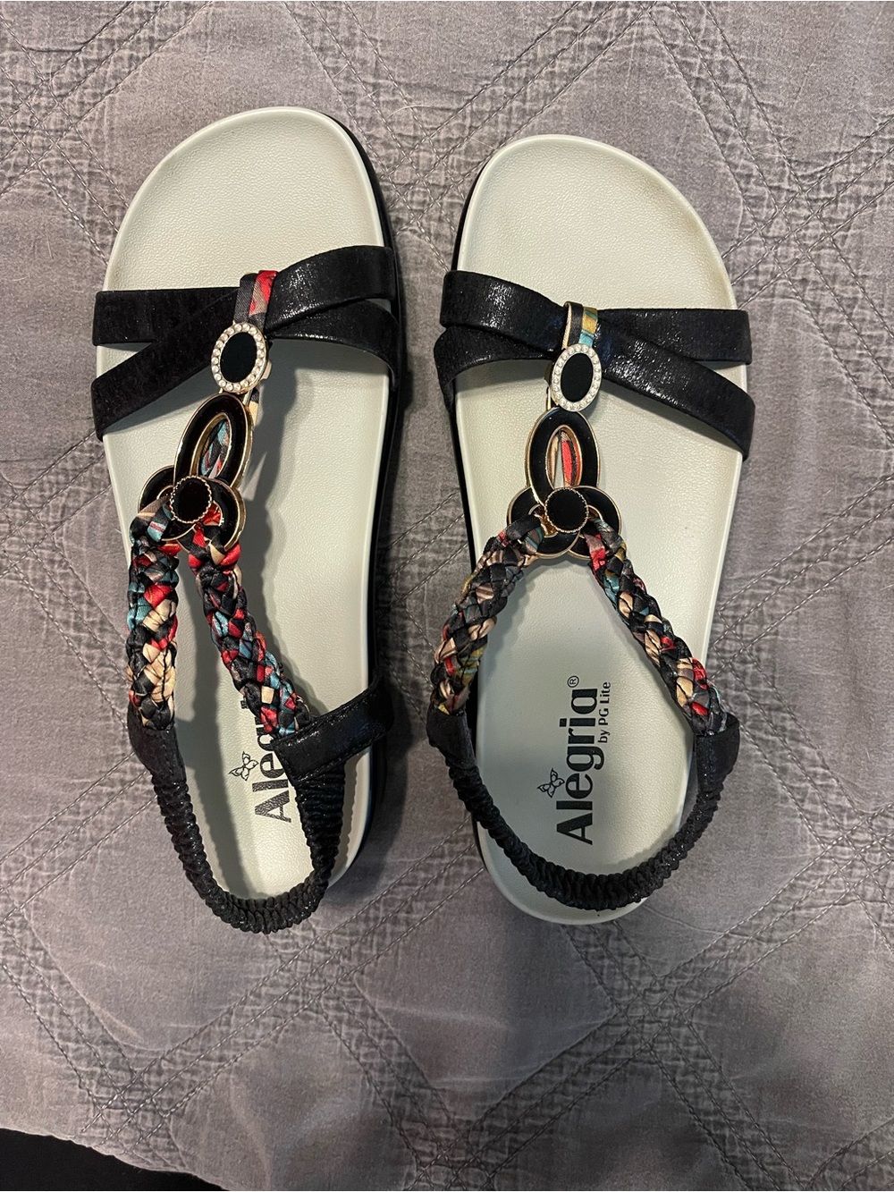 Alegria Black Braided T-Strap Sandals with Multicolor Accents